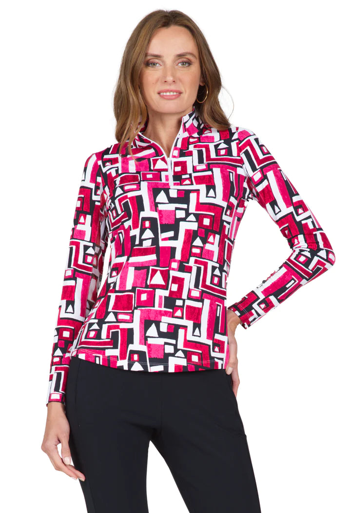 IBKUL Women's Limited Edition Amanda Long Sleeve Mock Neck Top - Red/Hot Pink