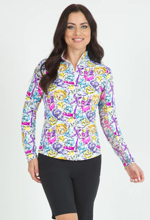  Ibkul Long Sleeve  Zip Mock LIMITED EDITION SERIES, ANGIE Hot Pink Multi