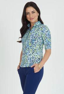  Ibkul  Womens NAOMI Print Ruched Elbow Length Sleeve Top  - navy/lime
