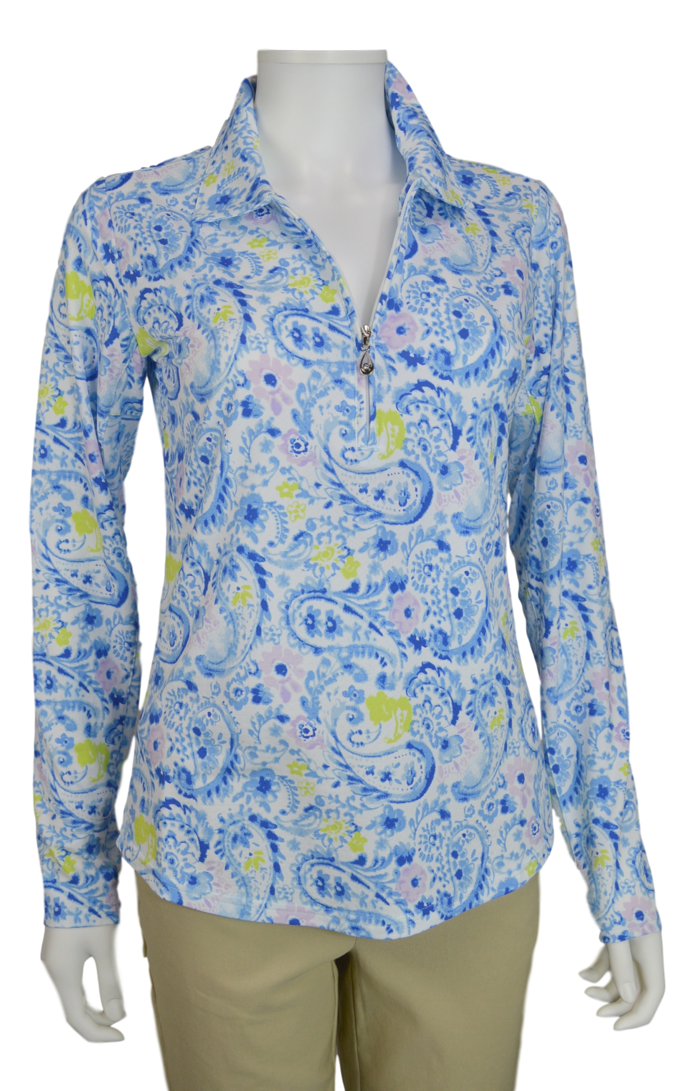 SanSoleil SolTek Print Zip Mock. 900610 Savannah Blue