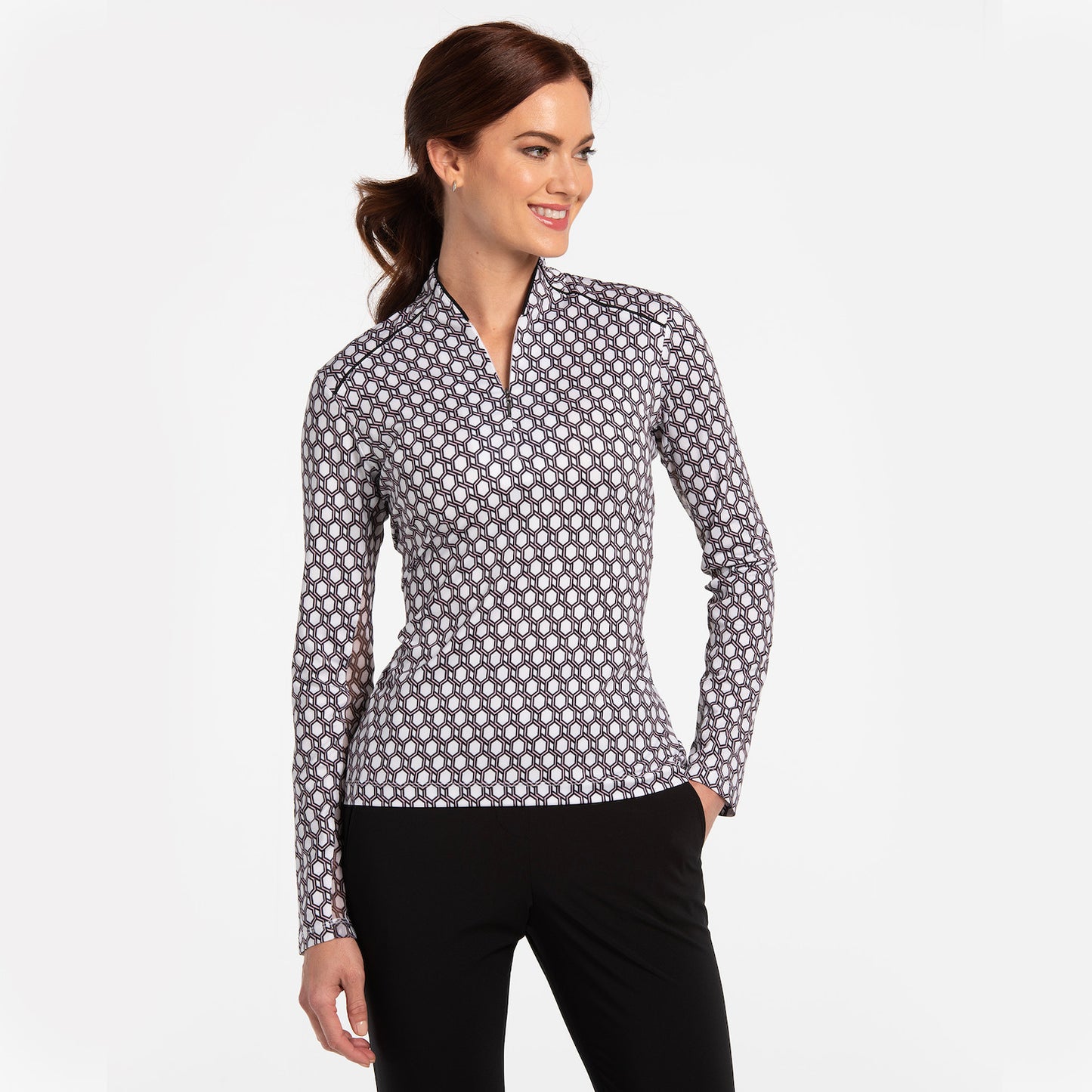 EP NY Long Sleeve  GEO Print Zip Mandarin Polo - White/multi
