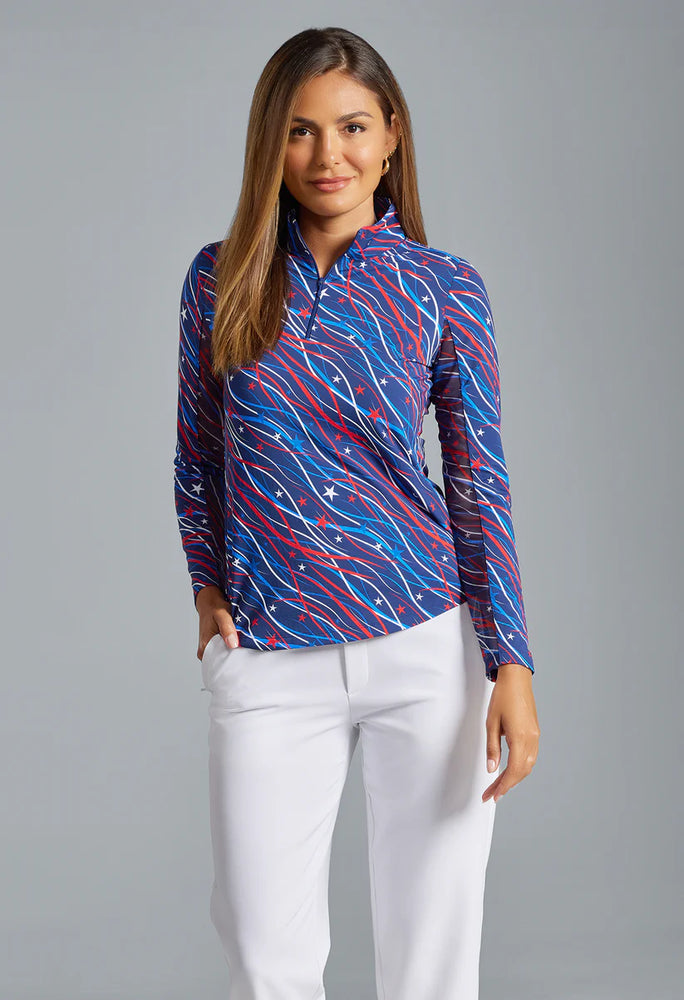 Ibkul Long Sleeve Zip Mock Patriotic Confetti Navy 10091