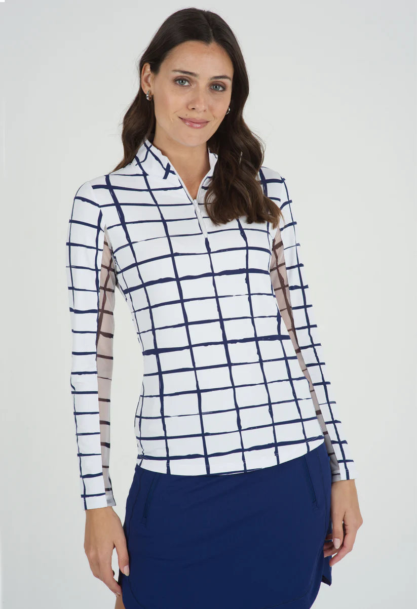 Ibkul Long Sleeve Zip Mock Cordova White/Navy 10495