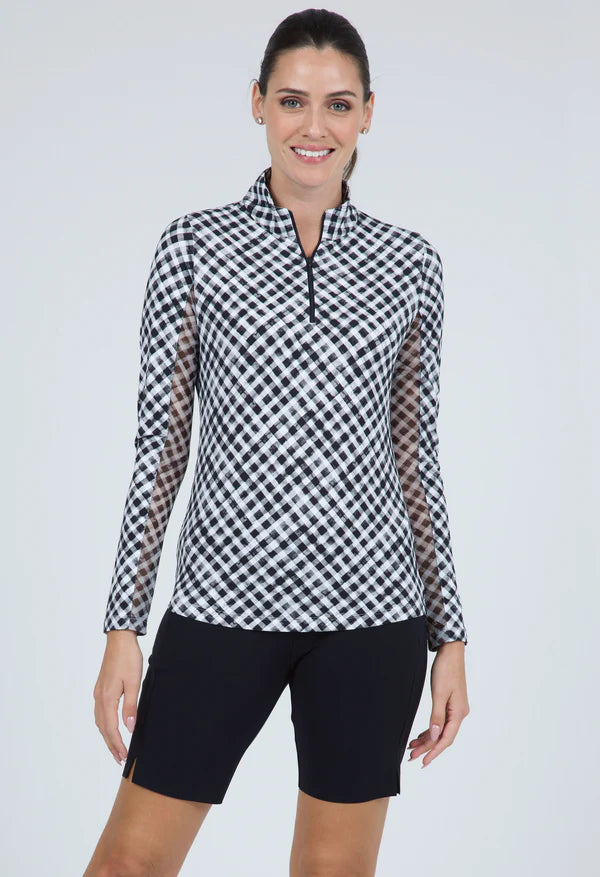 Ibkul  Long Sleeve  Zip Mock Gingham Check Black/ White