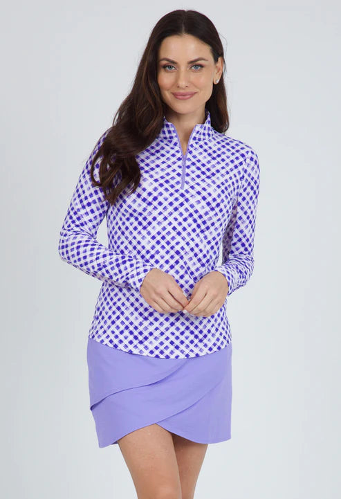 Ibkul  Long Sleeve  Zip Mock Gingham Check Lavender/ White