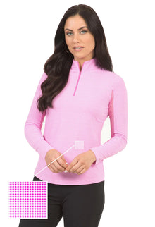  Ibkul  Long Sleeve  Zip Mock Mini Check -Pink / White