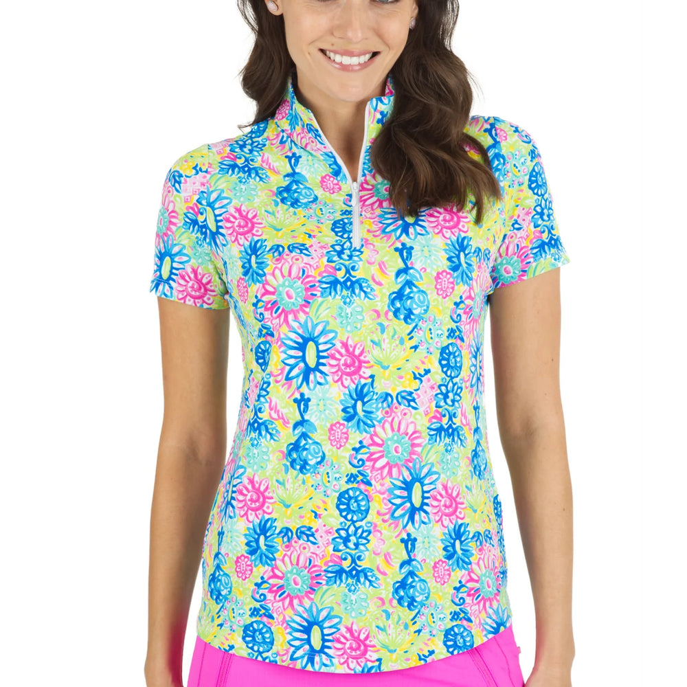 Ibkul  Short Sleeve  Zip Mock -LILLI  Hot Pink/Multi