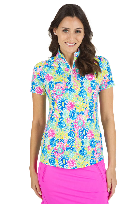 Ibkul  Short Sleeve  Zip Mock -LILLI  Hot Pink/Multi