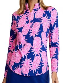  Gottex   Long Sleeve Zip Mock Neck - Pineapple Grove - Navy /Pink