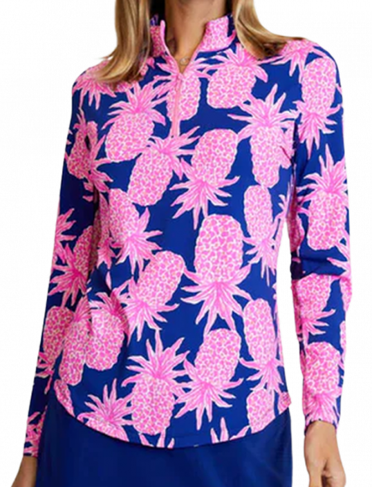 Gottex   Long Sleeve Zip Mock Neck - Pineapple Grove - Navy /Pink