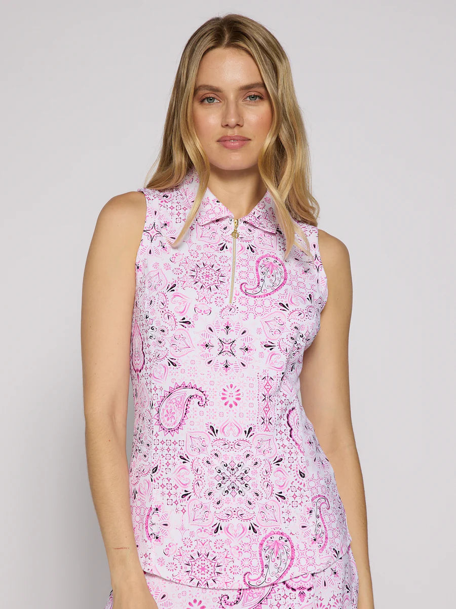 G Lifestyle Sleeveless Zip Polo Pink Paisley 263013