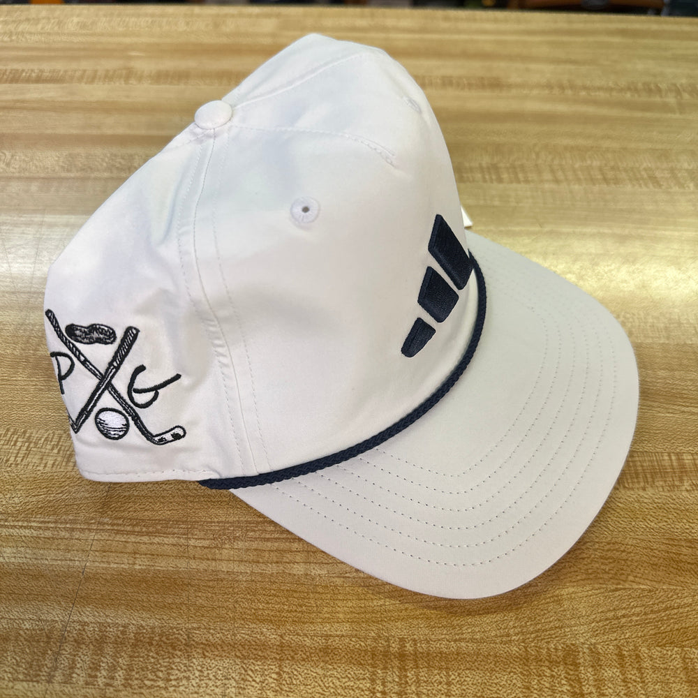 
                      
                        Adidas Tour 5 Panel Hat - White/Navy with Swedish Flag and Peanuts and Golf Logo
                      
                    