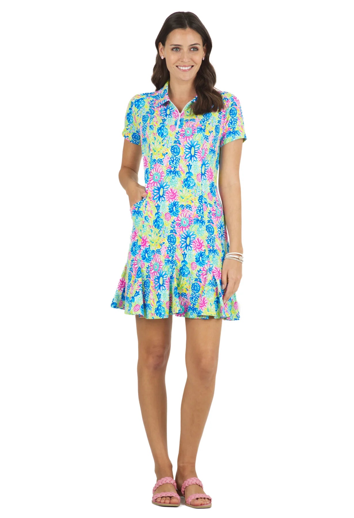 Ibkul  LILLI Print Godet Dress Hot Pink/Multi