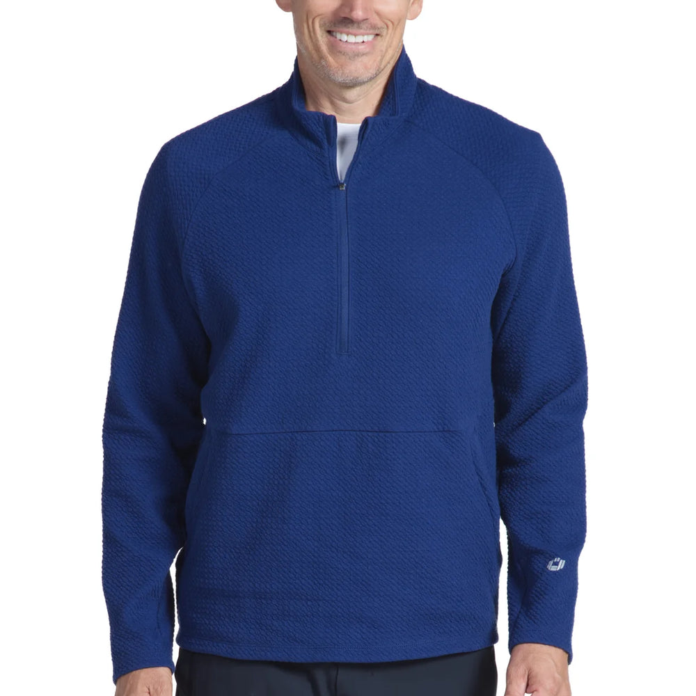 Ibkul   Men's Long Sleeve  Solid Popcorn Stitch Zip Mock Pull-Over  Navy