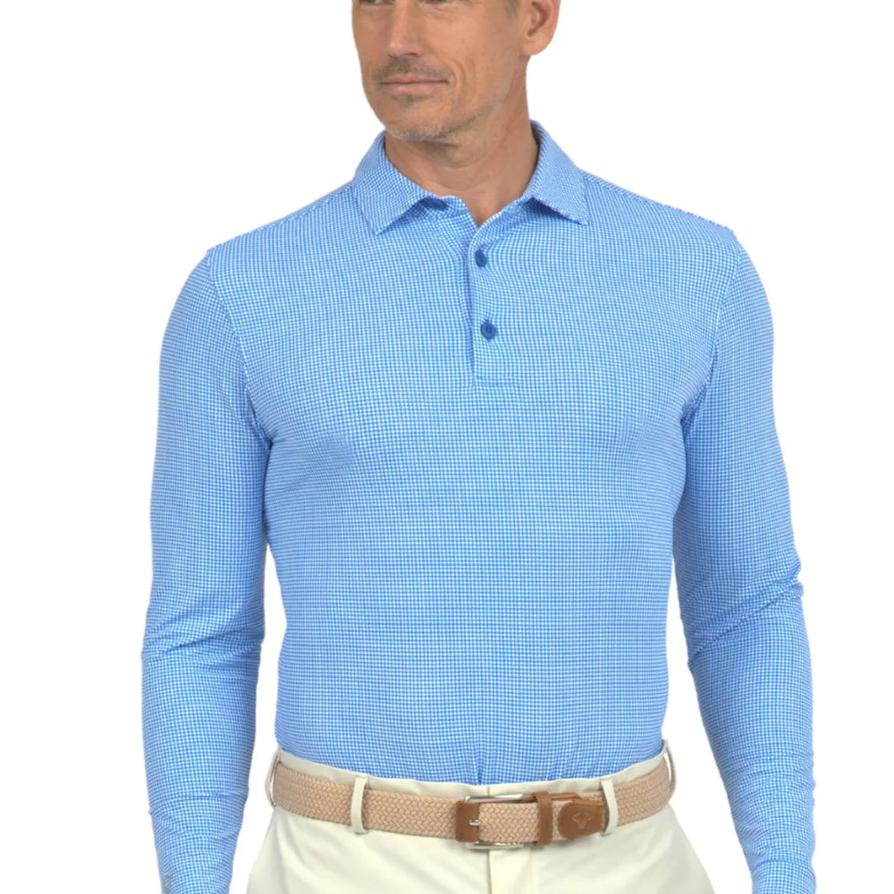 Ibkul   Men's  Mini Check  Long Sleeve  Polo  Blue /White