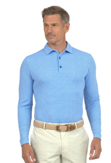  Ibkul   Men's  Mini Check  Long Sleeve  Polo  Blue /White