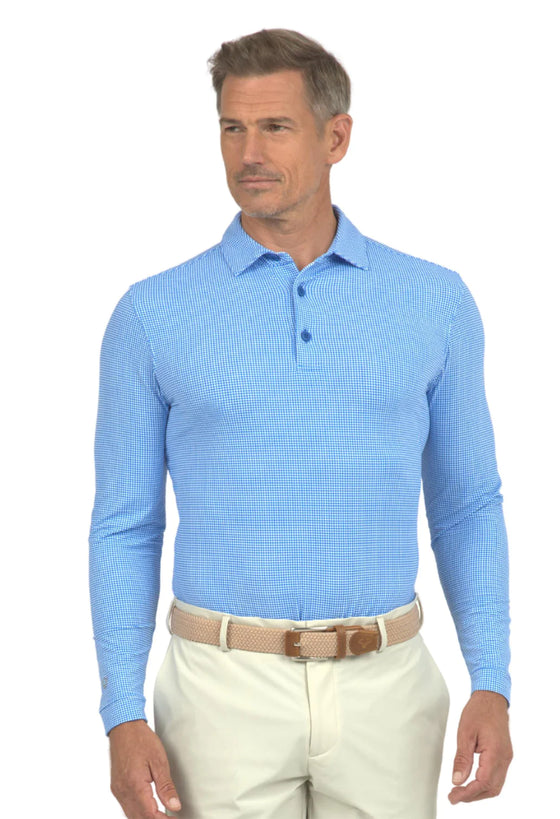 Ibkul   Men's  Mini Check  Long Sleeve  Polo  Blue /White