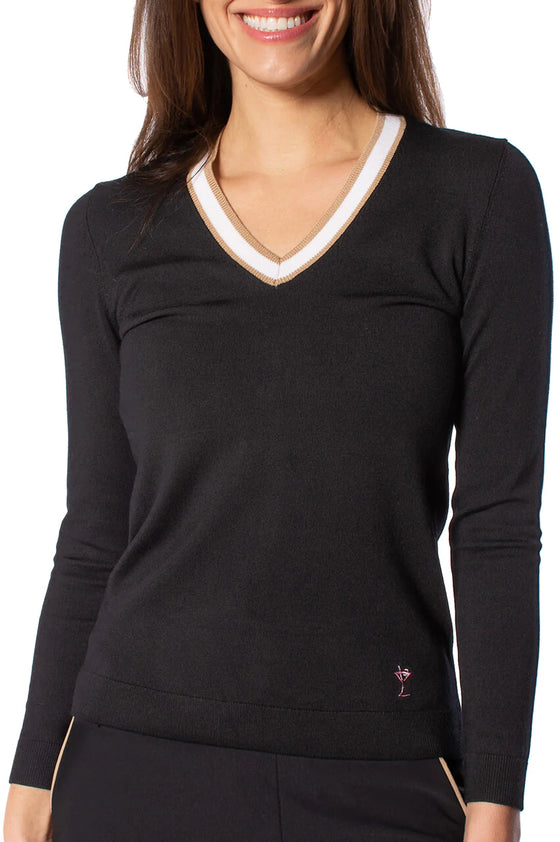 Golftini V- Neck Stretch Sweater - Black/ Camel/White