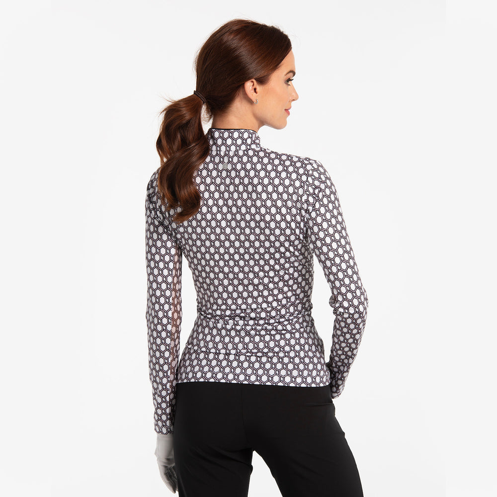 EP NY Long Sleeve  GEO Print Zip Mandarin Polo - White/multi