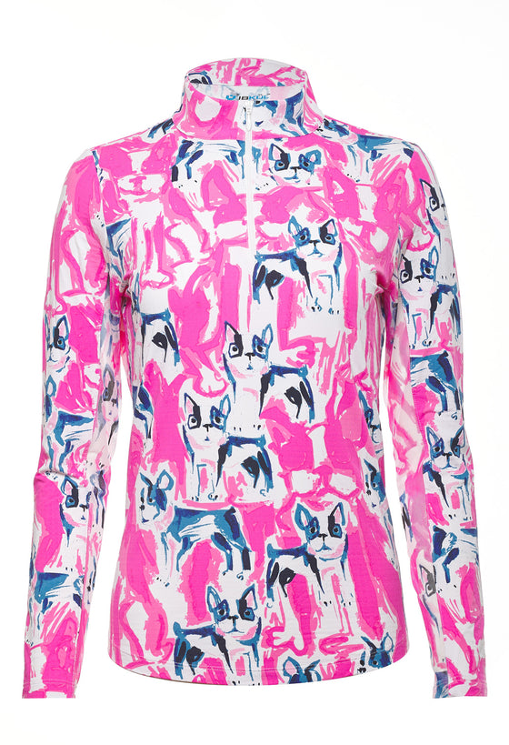 Ibkul Icifil Long Sleeve Sun Shirt: Frenchie Pink Print Mock - SPF 50