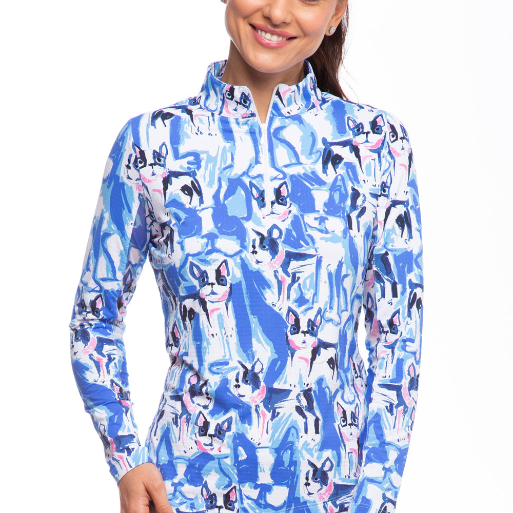 Ibkul Icifil Long Sleeve Sun Shirt: Frenchie Royal Print Mock - SPF 50