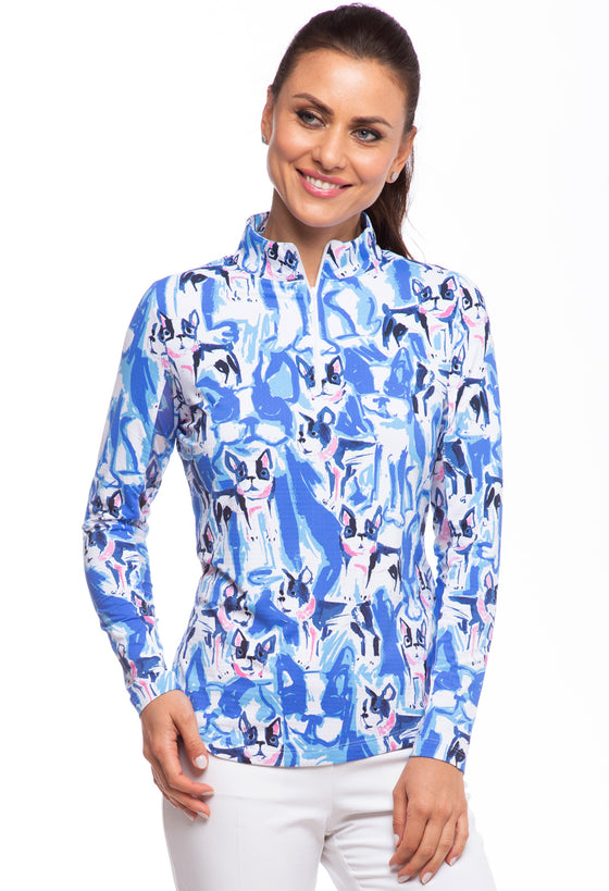 Ibkul Icifil Long Sleeve Sun Shirt: Frenchie Royal Print Mock - SPF 50