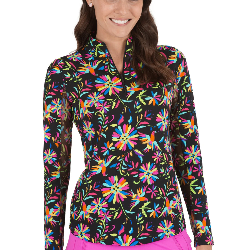 Ibkul  Long Sleeve  Zip Mock - ESTELA- Black/Multi