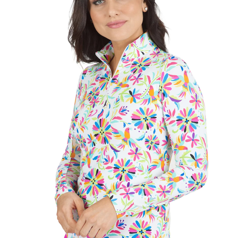 Ibkul  Long Sleeve  Zip Mock - ESTELA- White/Multi