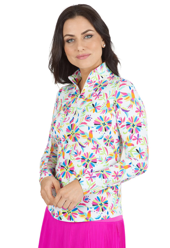 Ibkul  Long Sleeve  Zip Mock - ESTELA- White/Multi