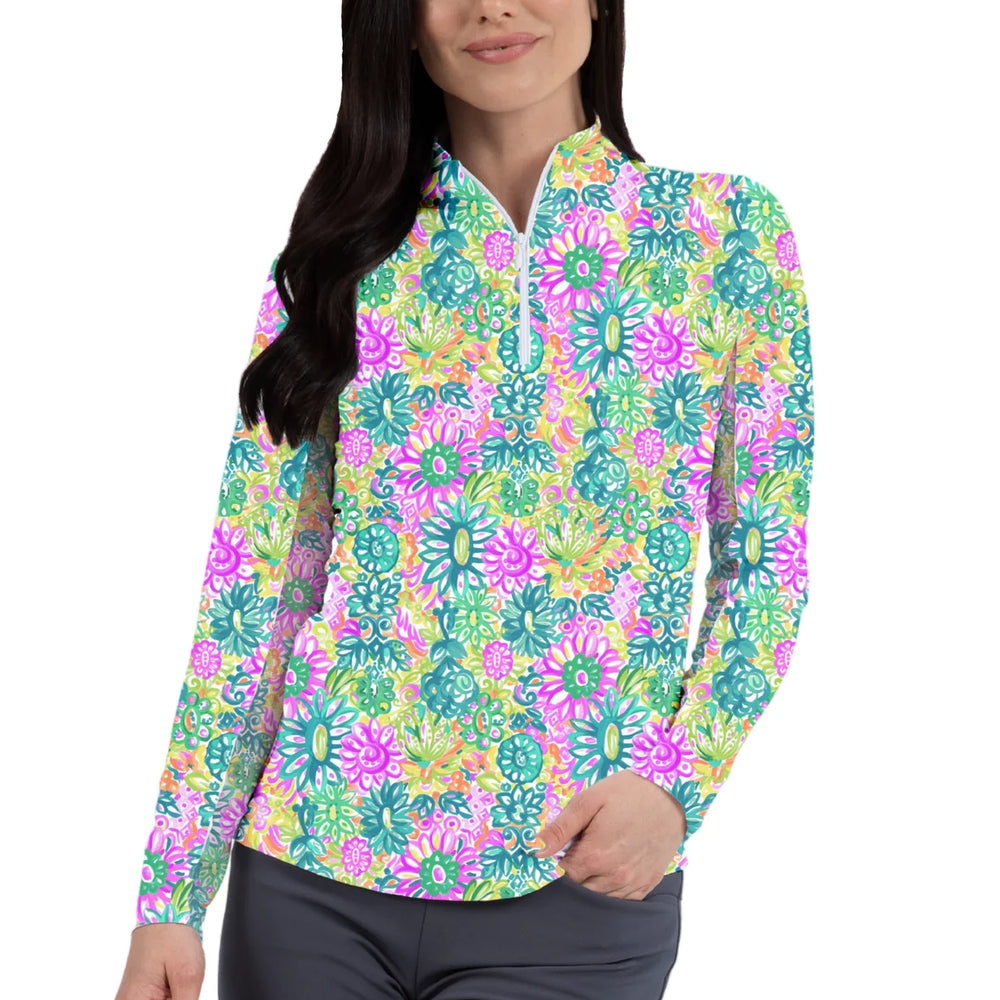Ibkul  Long Sleeve  Zip Mock -LILLI - Violet/Multi