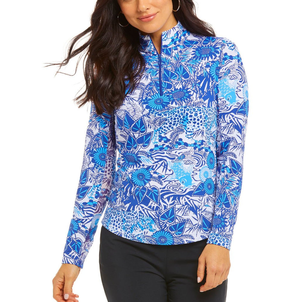 Ibkul Icifil Long Sleeve Sun Shirt:  Zip Mock - Bamboo Garden Blue Tonal