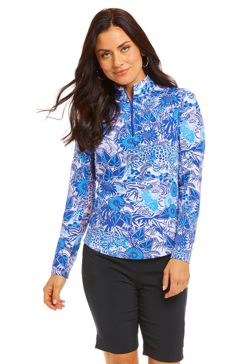 Ibkul Icifil Long Sleeve Sun Shirt:  Zip Mock - Bamboo Garden Blue Tonal