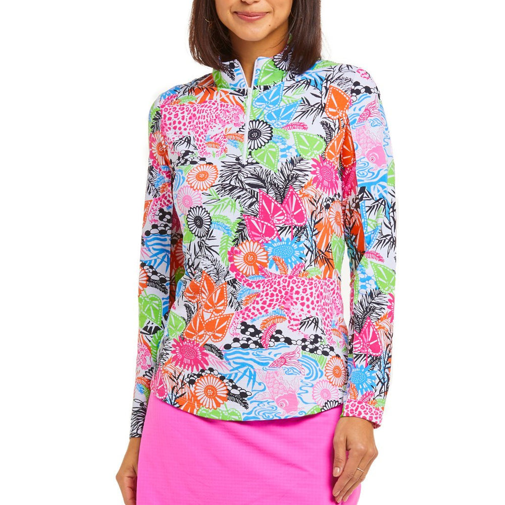 Ibkul Icifil Long Sleeve Sun Shirt:  Zip Mock -Bamboo Gardens Multi