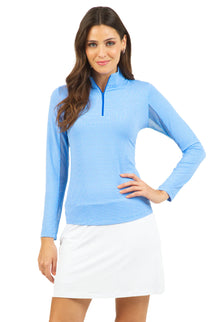  Ibkul  Long Sleeve  Zip Mock Mini Check -Blue/White