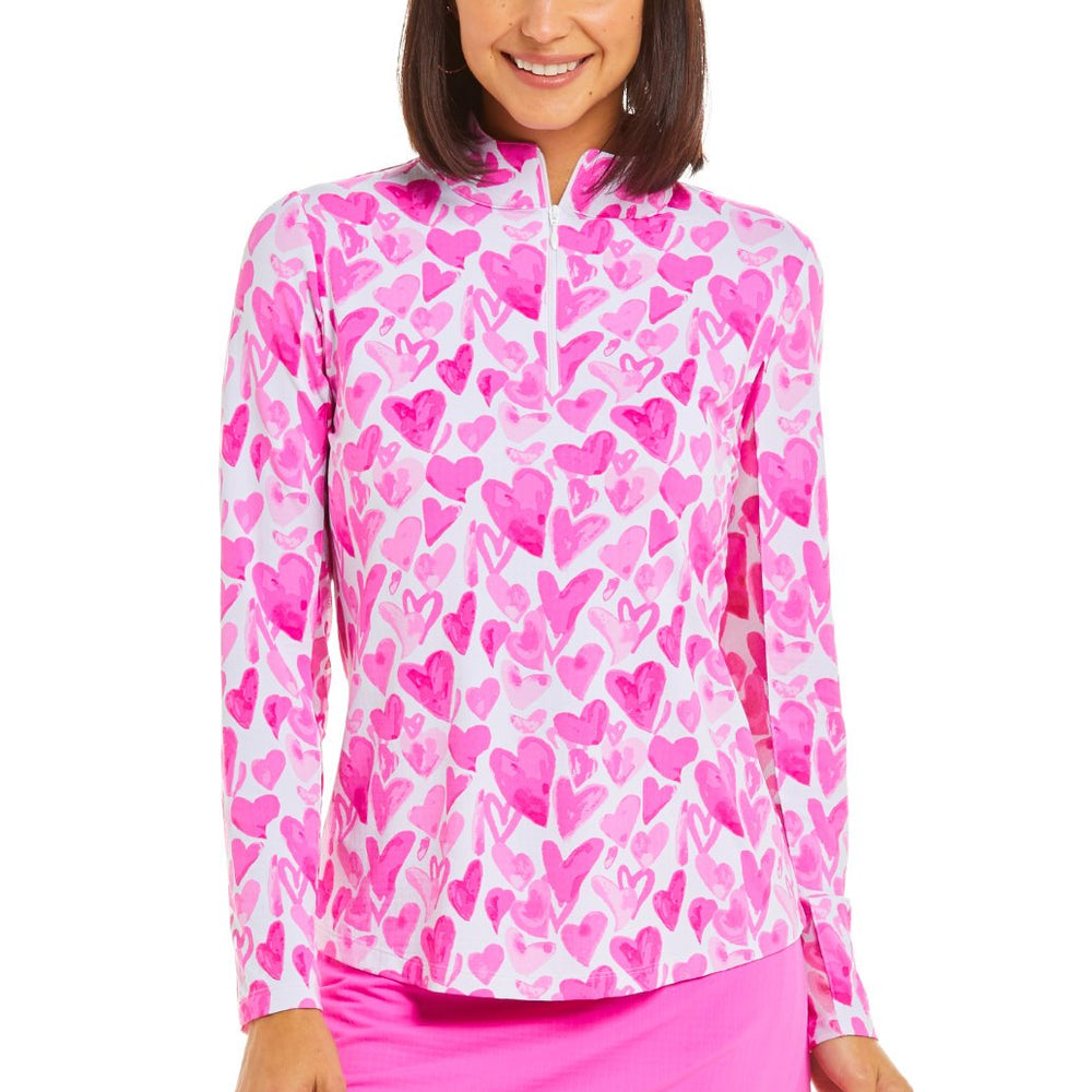 Ibkul Full of Hearts Long Sleeve  Zip Mock - SPF 50 Pink Multi