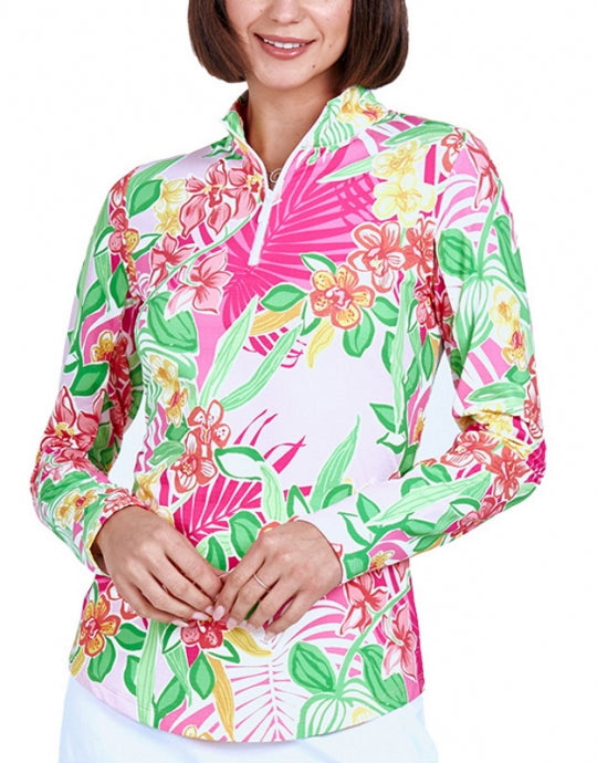 Gottex  Mock  Zip Neck  L/S Sun Shirt - PALM ISLANDS  -Pink Multi