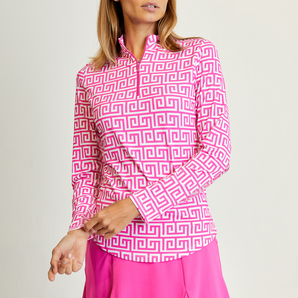 Gottex   Long Sleeve Zip Mock Neck - Santorini Geo Pink/White