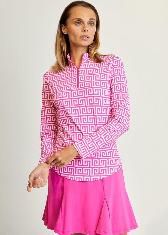 Gottex   Long Sleeve Zip Mock Neck - Santorini Geo Pink/White