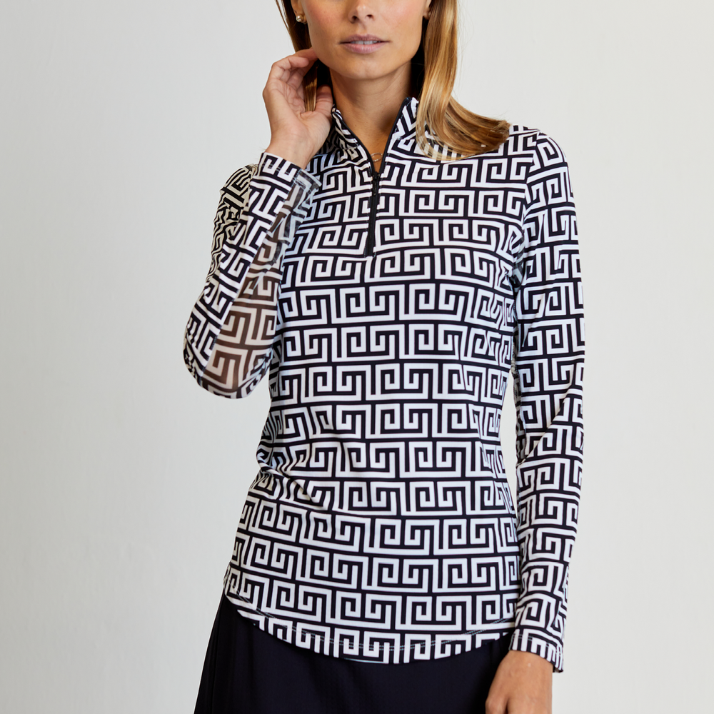 Gottex   Long Sleeve Zip Mock Neck - Santorini Geo Black/White