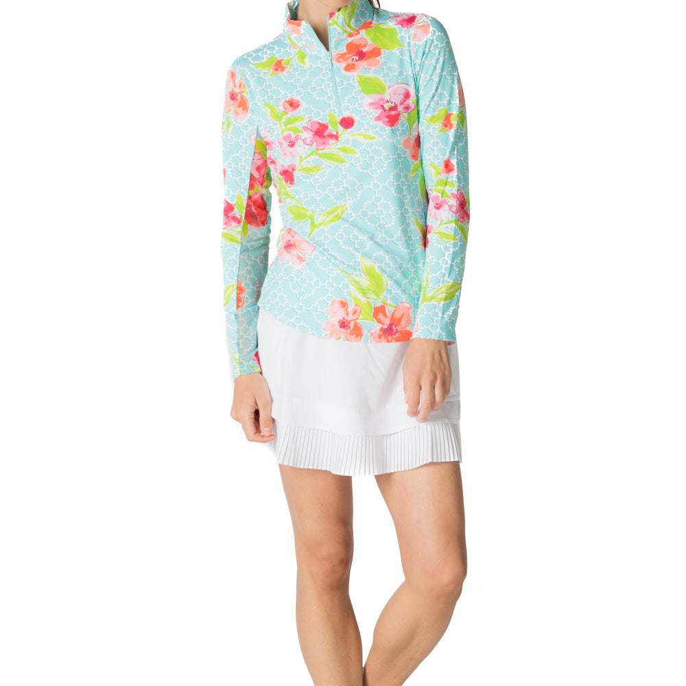 Ibkul Icifil Long Sleeve Sun Shirt: Ashly Seafoam/Pink Print Mock - SPF 50