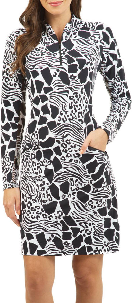 Ibkul Long Sleeve Printed Dress- BIANCA- Black/ White SPF 50