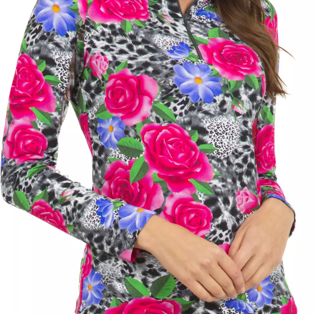 Ibkul  Long Sleeve  Zip Mock Jovanna Watermelon/Black  SPF 50