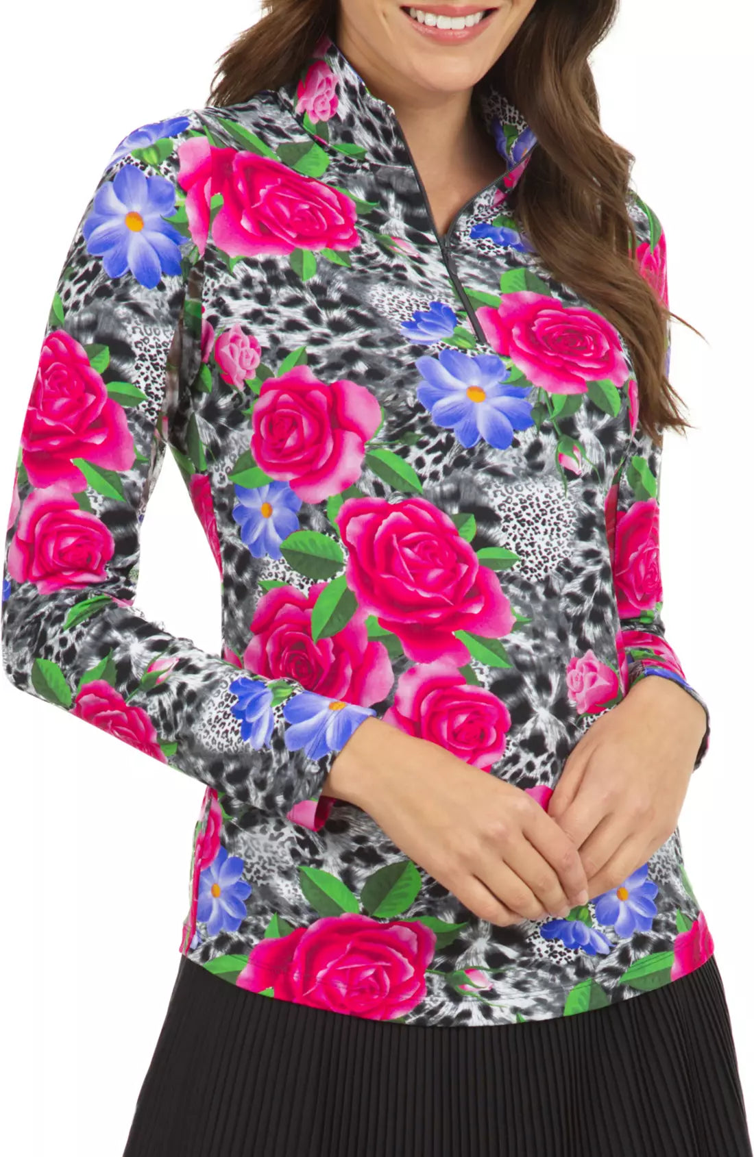 Ibkul  Long Sleeve  Zip Mock Jovanna Watermelon/Black  SPF 50