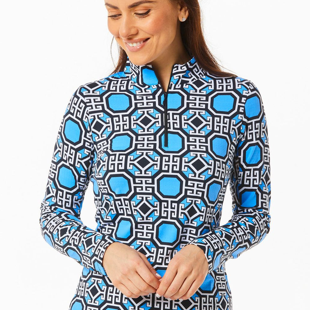 Ibkul Icifil Long Sleeve Sun Shirt: Classic Key Royal/Black  Print Zip Mock - SPF 50