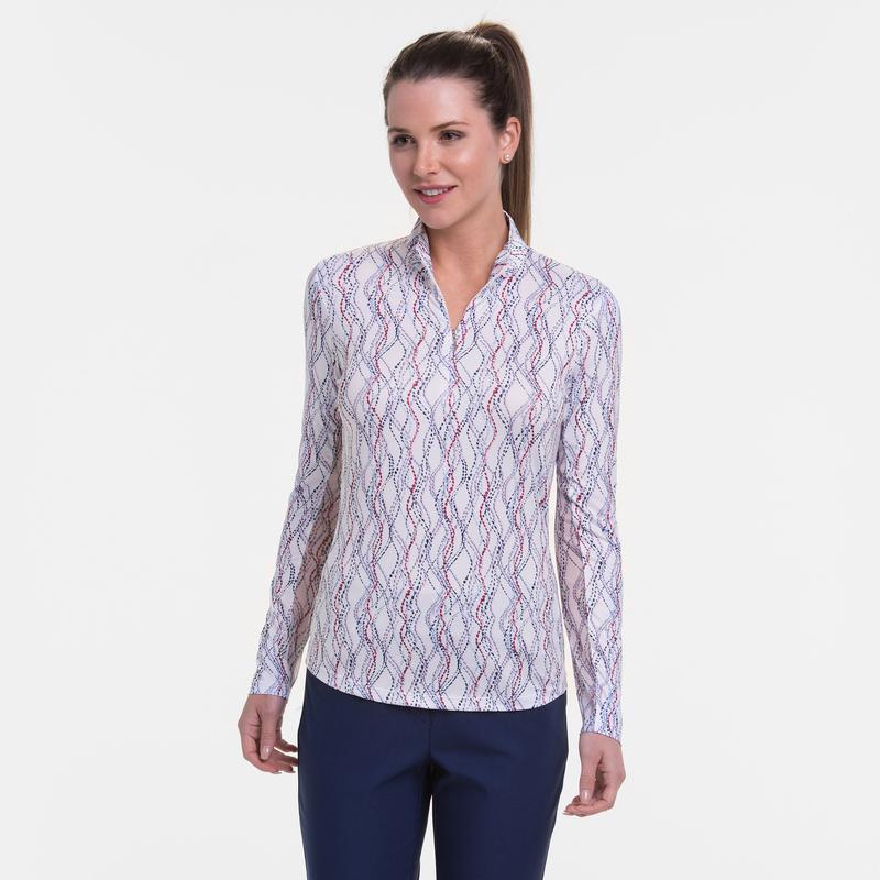 EP NY Long Sleeve Abstract Lattice Print Zip Mock Polo