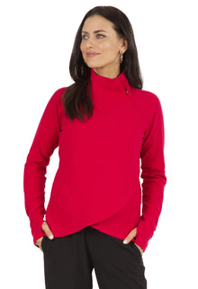  Ibkul  Popcorn Stitch Asymmetrical Zip Pullover - SPF 50 Red