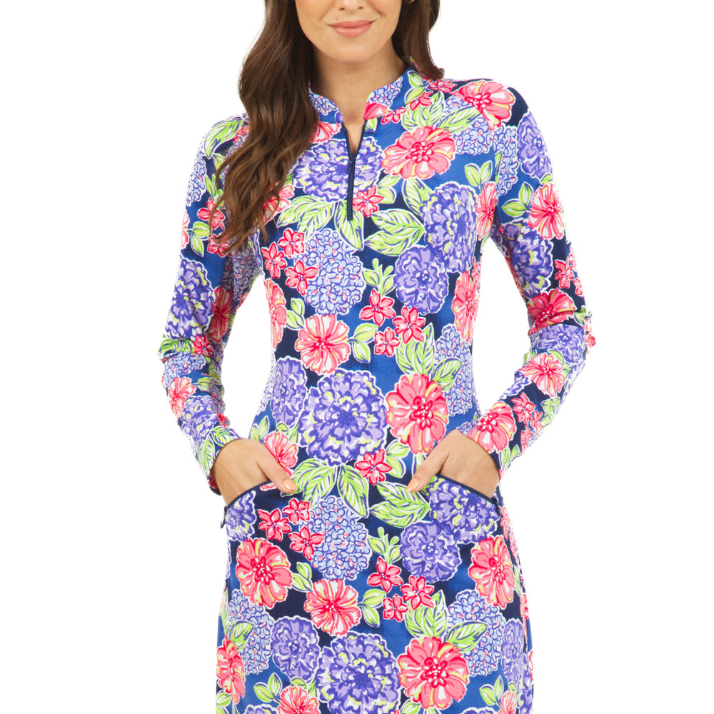 Ibkul Long Sleeve Printed Dress-LARISA- NAVY/ MULTI - SPF 50