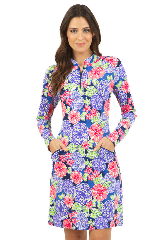 Ibkul Long Sleeve Printed Dress-LARISA- NAVY/ MULTI - SPF 50