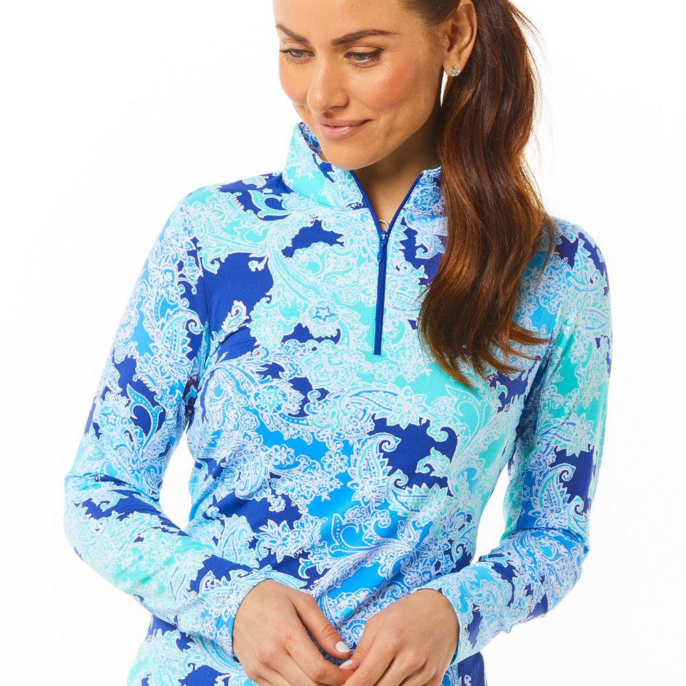 Ibkul Icifil Long Sleeve Sun Shirt: Pascha Navy/ Seafoam  Print Zip Mock - SPF 50