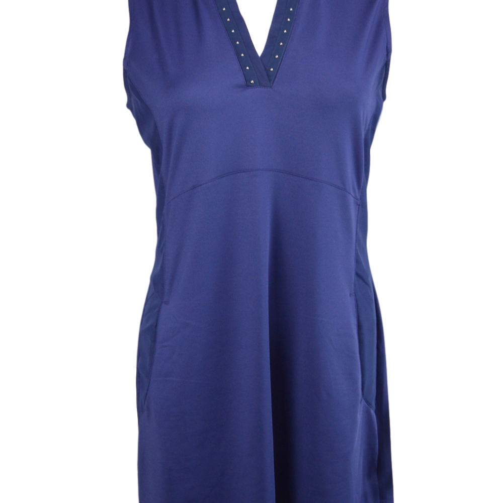 EP NY Sleeveless Dress in Inky Blue with Stud Tape Trim | SPF 50